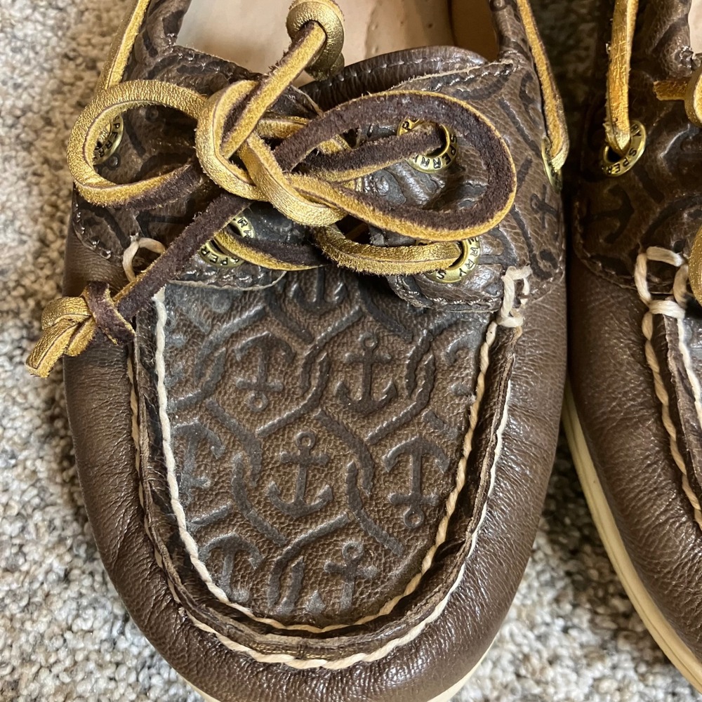 Sperry Top-Sider Womens 6M Brown Leather Anchor Embossed Boat Shoes Nautical EUC